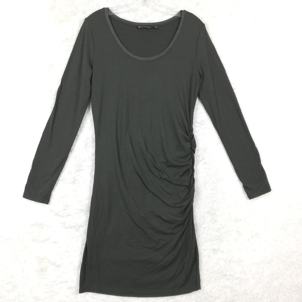 Athleta Womens Dress Carefree Ruched Long Sleeve Gray Black Olive Above Knee M